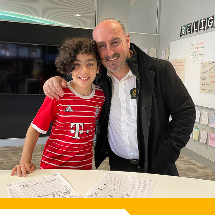 Student with his dad in the classroom at Our Lady of The Rosary Primary School Kellyville